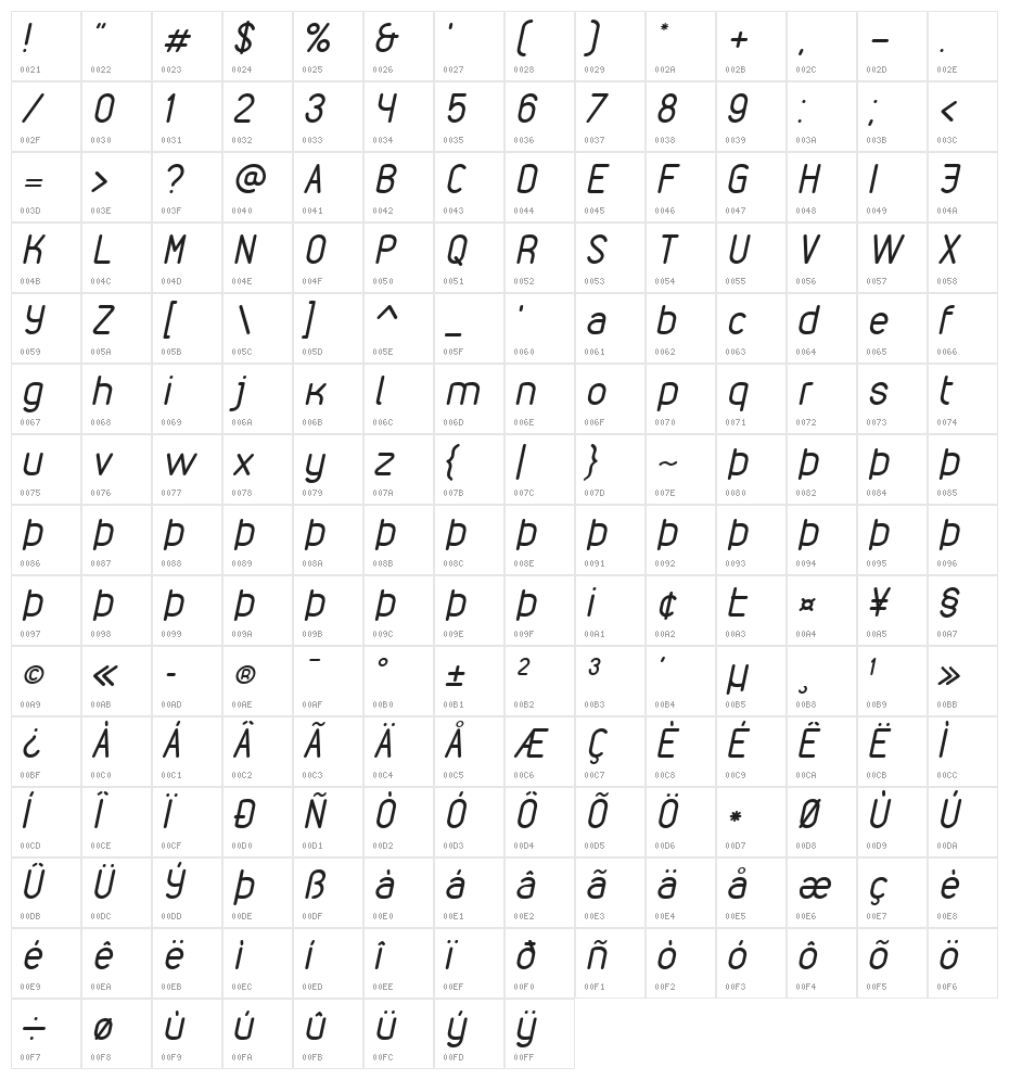 VDS Compensated Light Italic Character Map