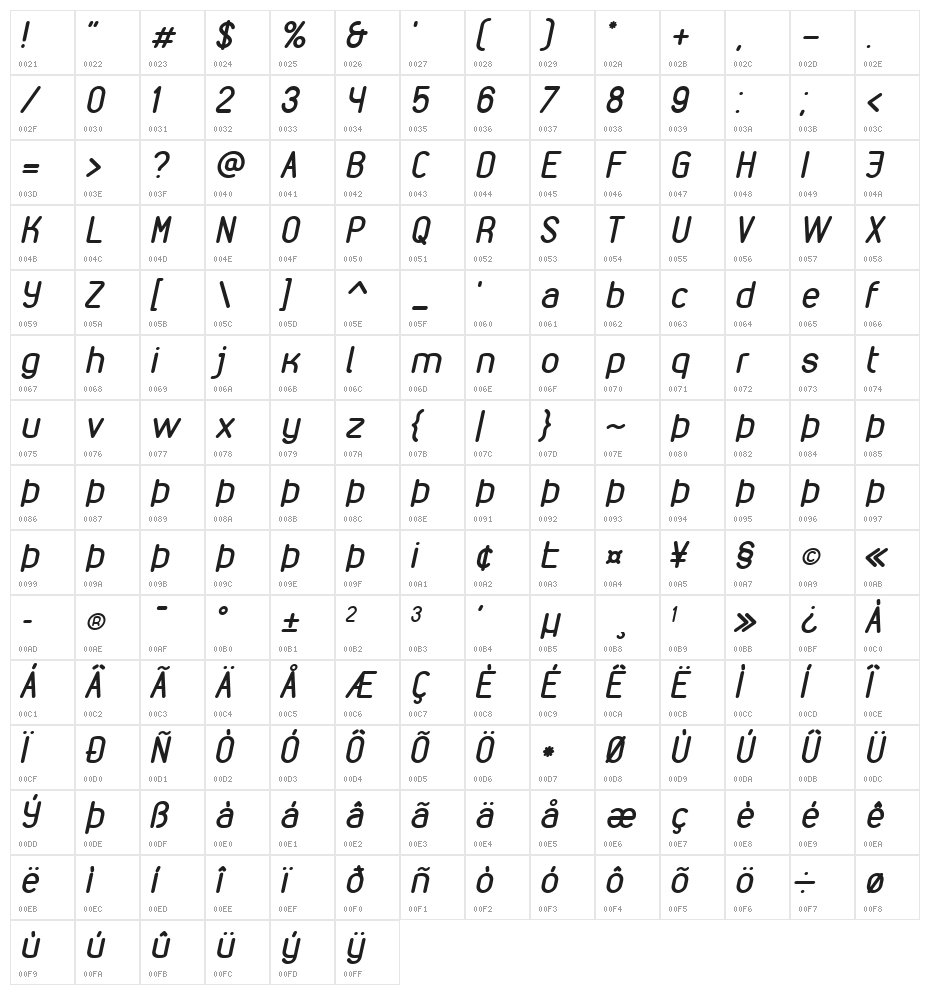 VDS Italic Character Map