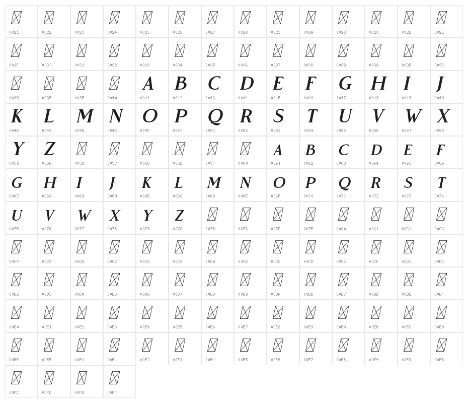 VendeurFree-Italic Character Map