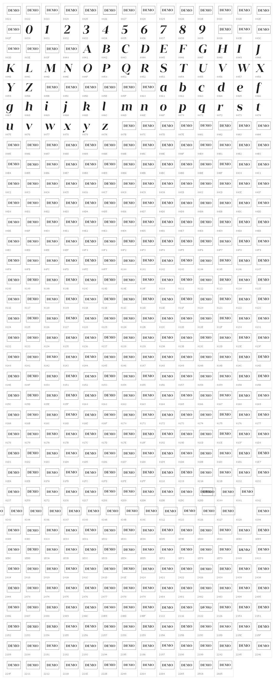 Vendura SemiBold Italic Demo Character Map