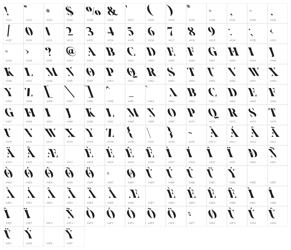 Ventus Oblique Character Map
