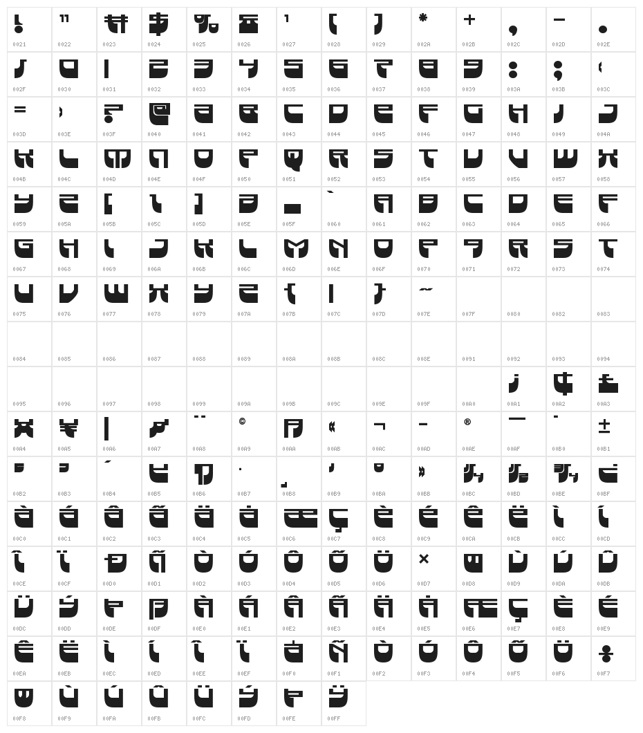 Vertical Horizon Bold Character Map