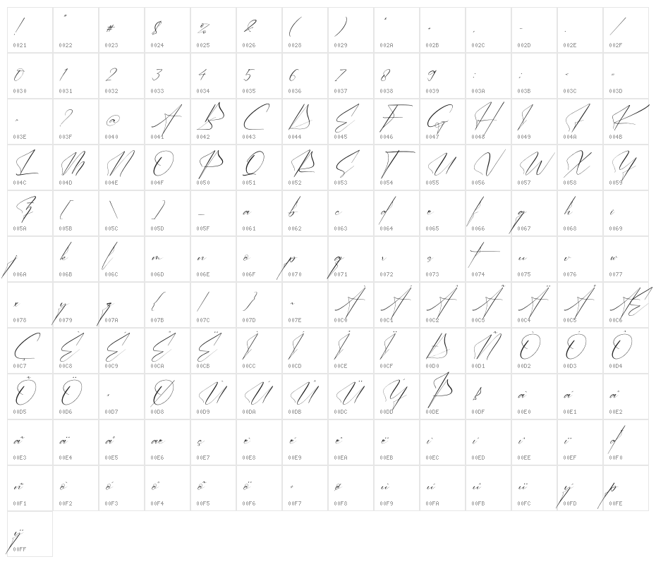 Victory Landera Italic Character Map
