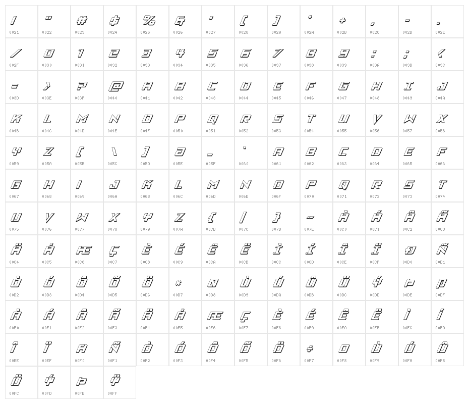 Viking Squad 3D Italic Character Map