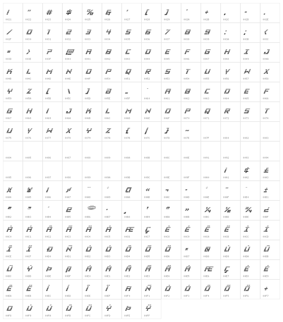 Viking Squad Gradient Italic Character Map