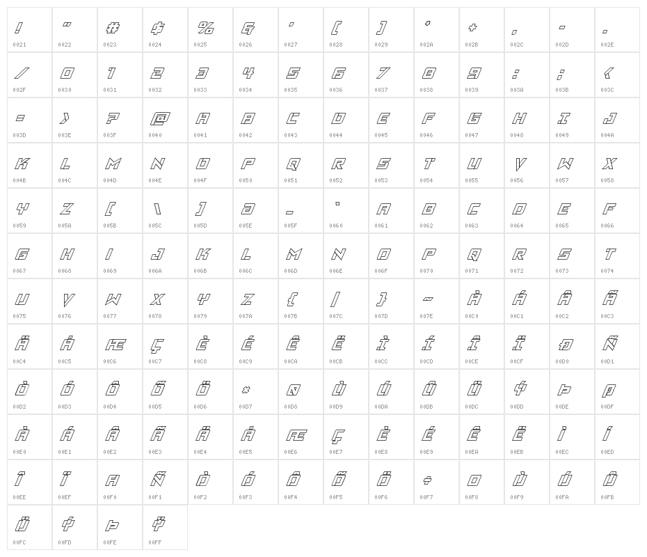 Viking Squad Outline Italic Character Map