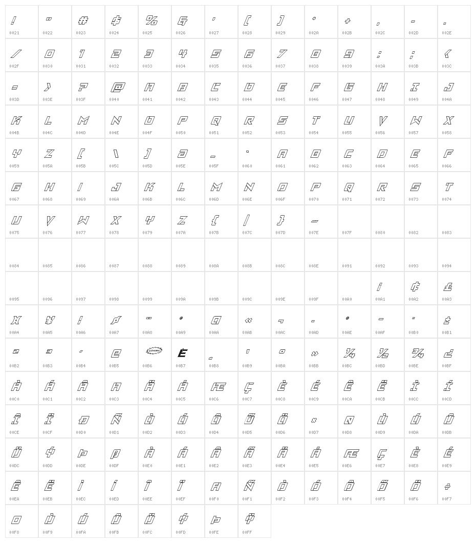 Viking Squad Outline Italic Character Map