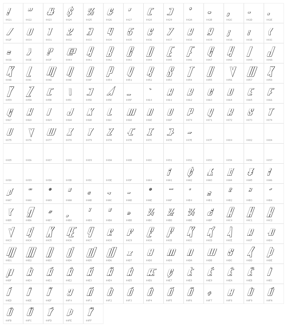 Vindicator 3D Italic Character Map