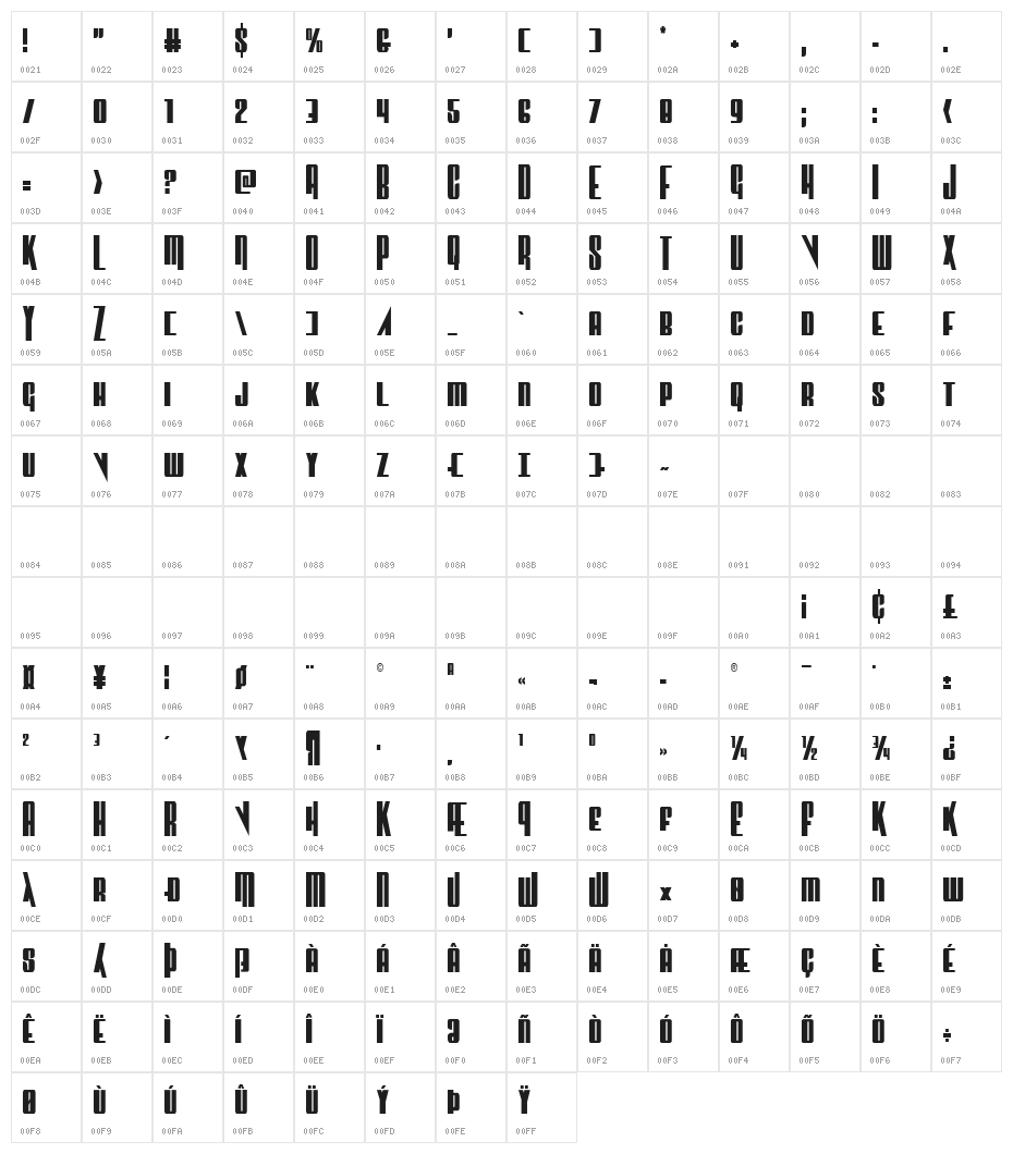 Vindicator Condensed Character Map
