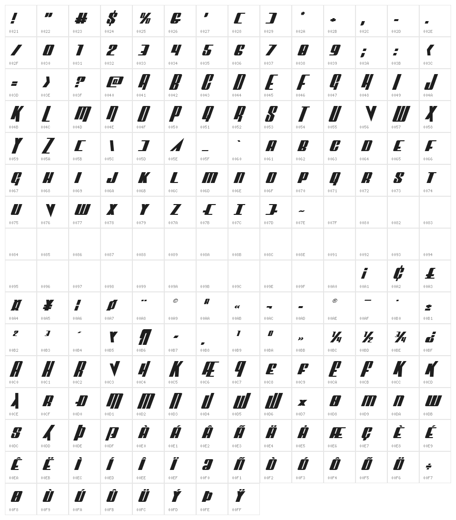 Vindicator Expanded Italic Character Map