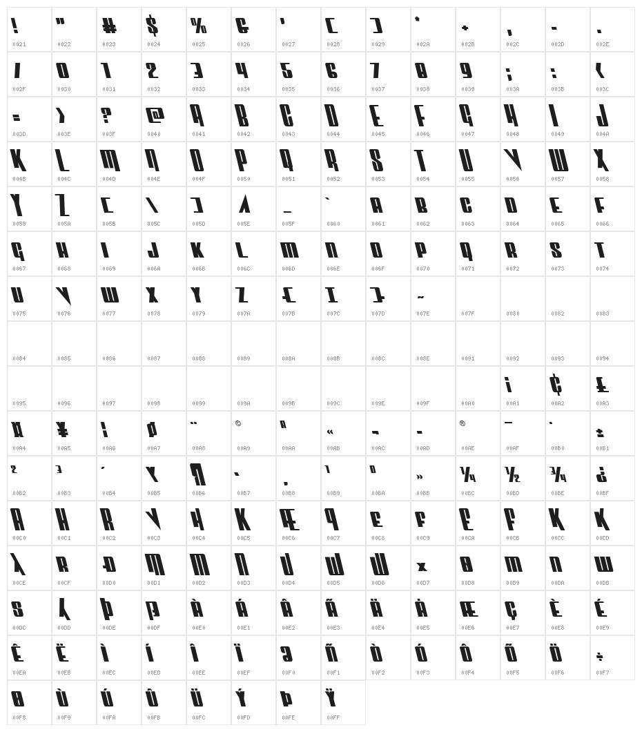 Vindicator Leftalic Character Map