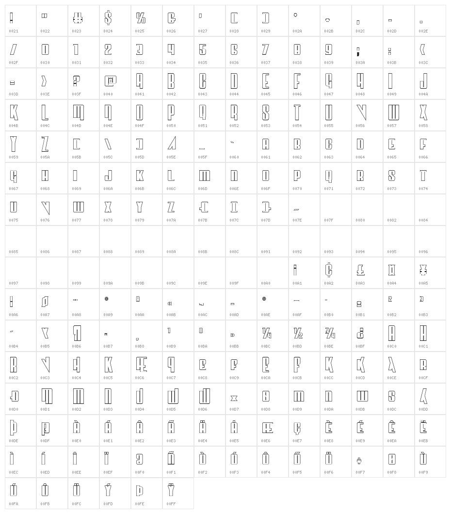 Vindicator Outline Regular Character Map