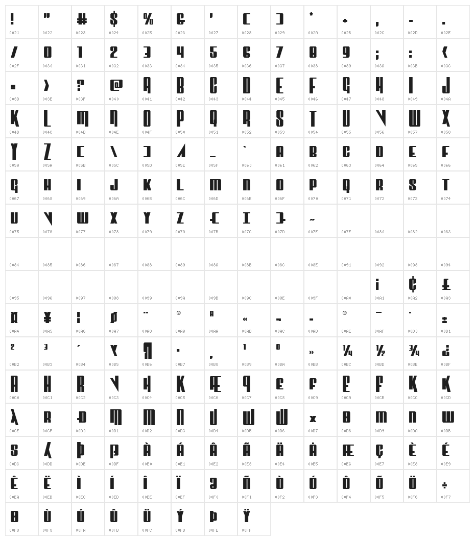 Vindicator Regular Character Map