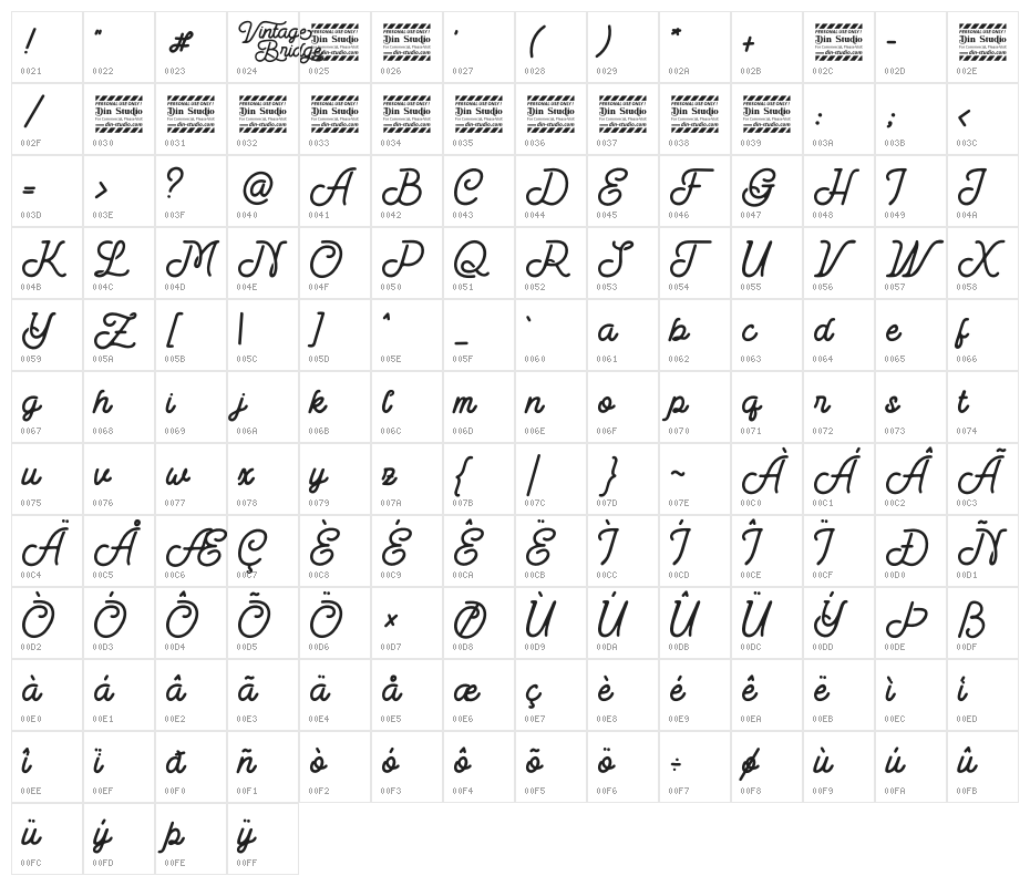 Vintage Bridge Personal Use Character Map