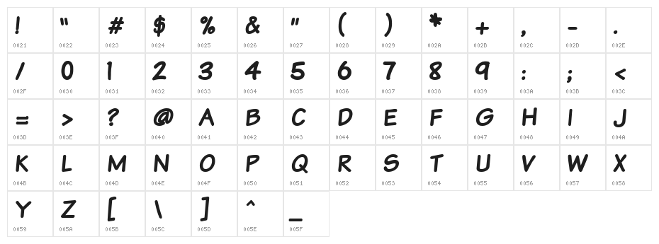 VTCSundaykomixBold Character Map