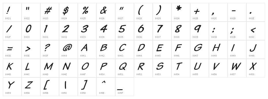 VTCSundaykomixItalic Character Map