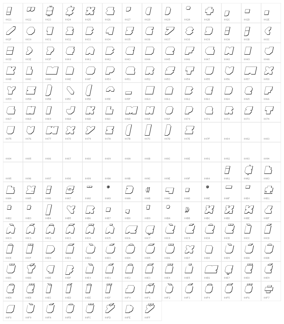 VX Rocket 3D Italic Character Map