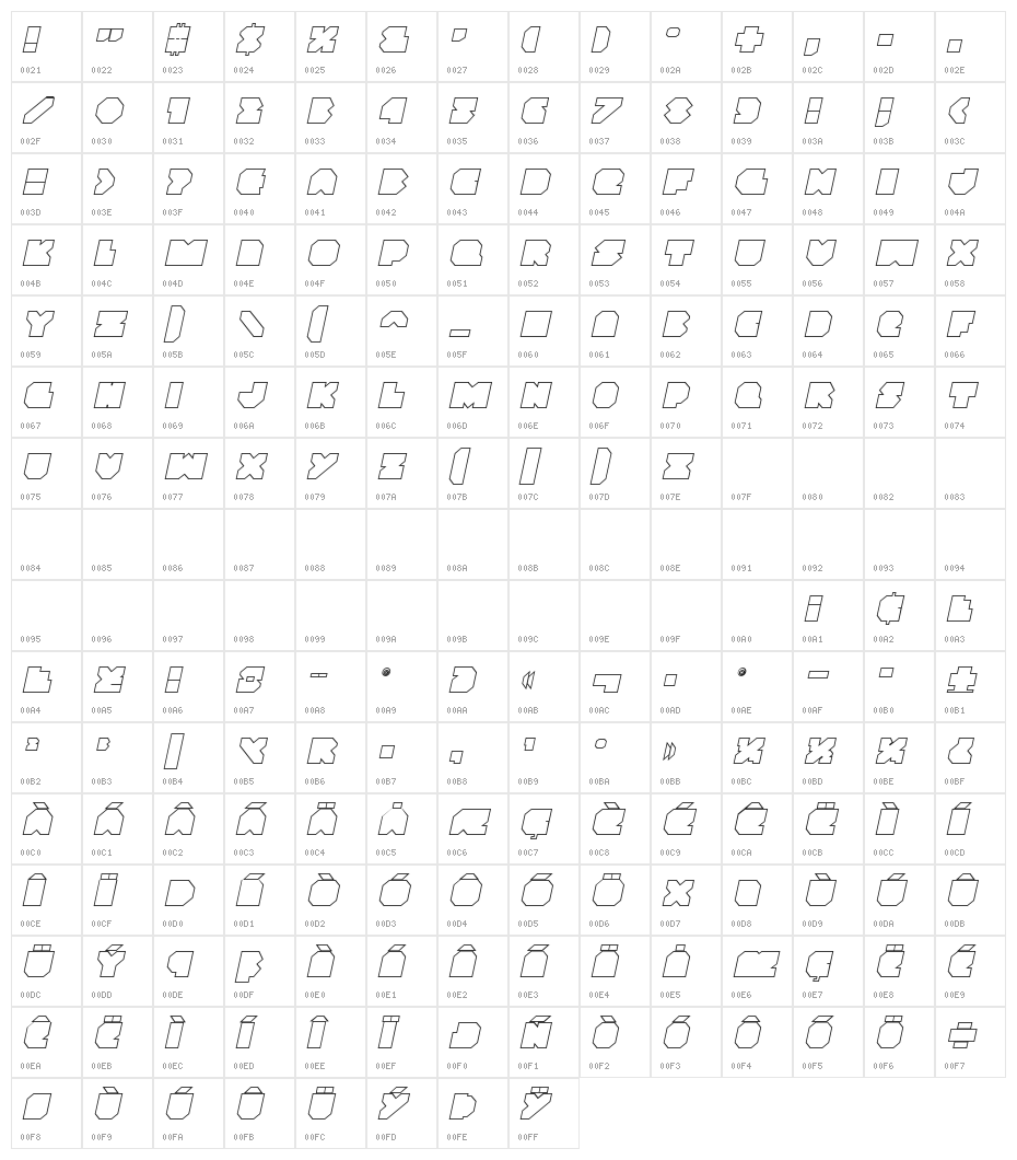 VX Rocket Outline Italic Character Map