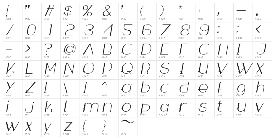 WABECO Thin Italic Character Map