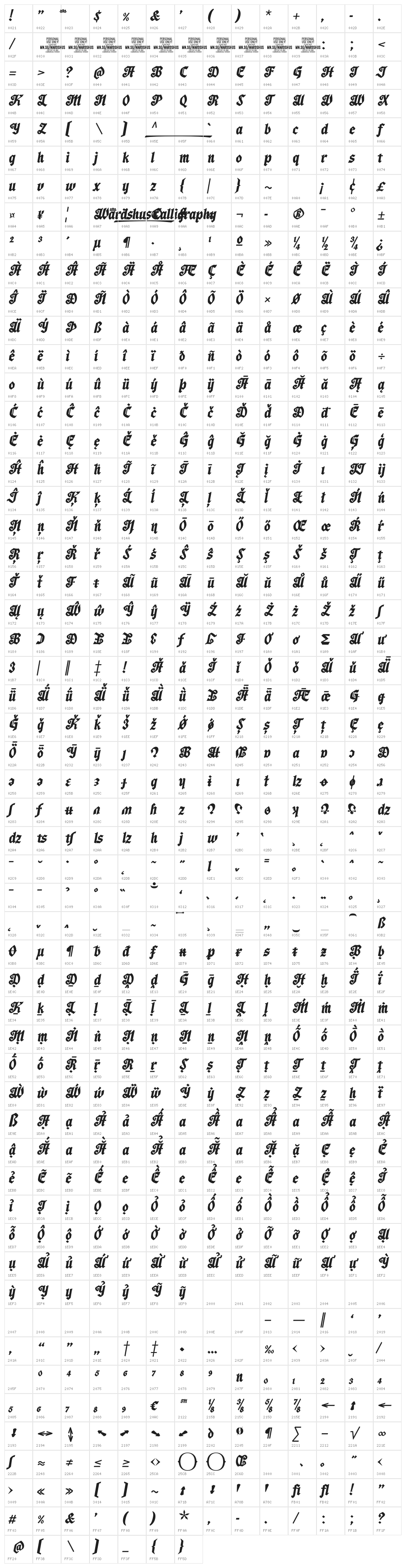 Wardshus Calligraphy PERSONAL Regular Character Map