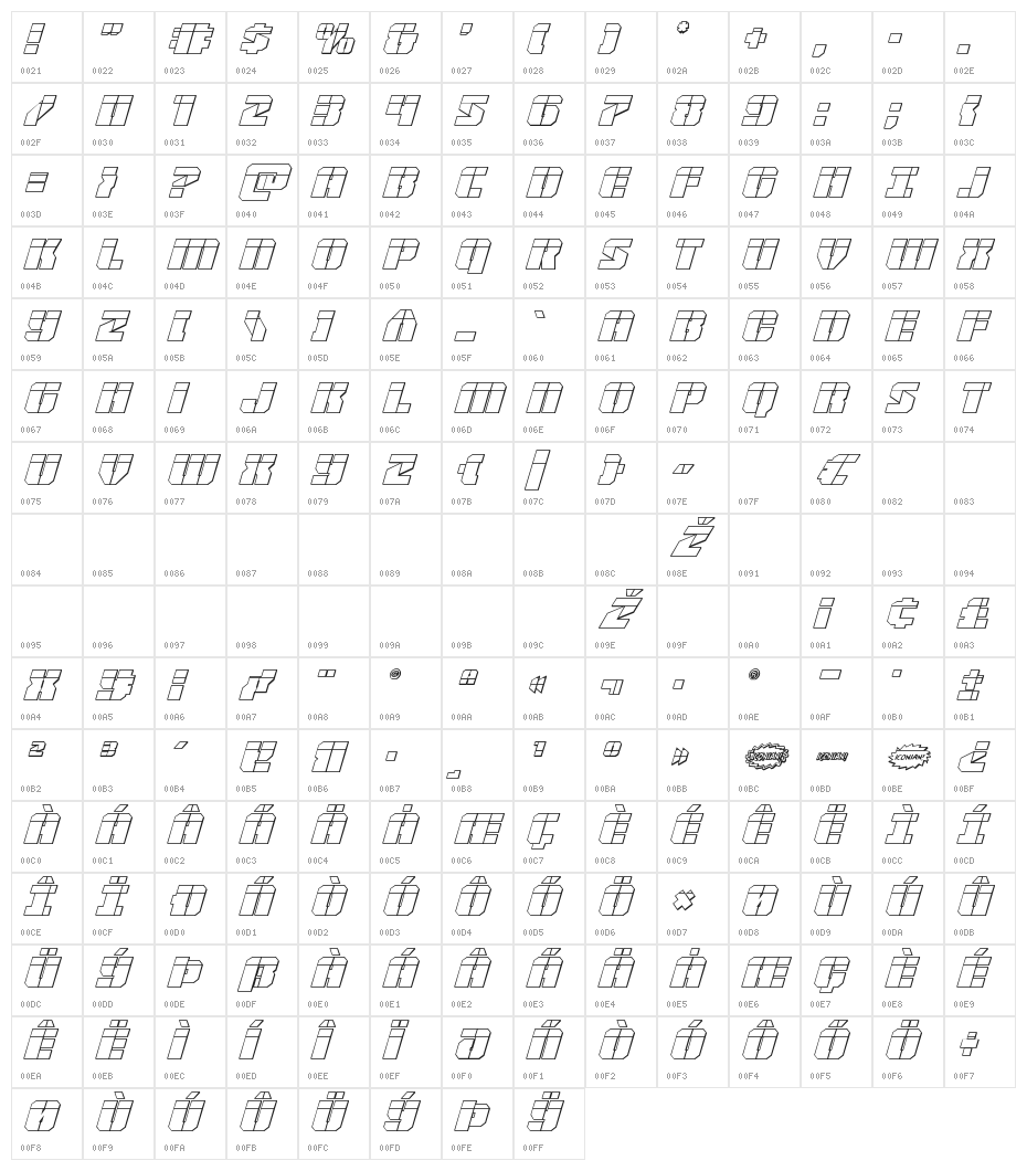 Warp Thruster 3D Laser Italic Character Map