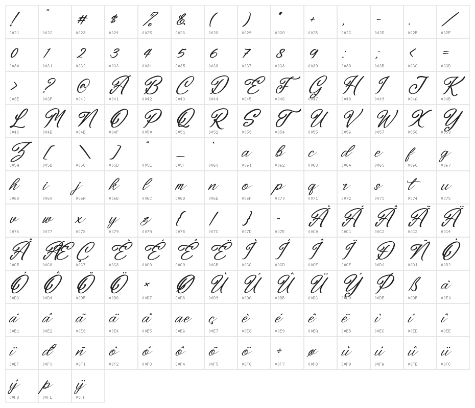 Washington Delmonte Italic Character Map