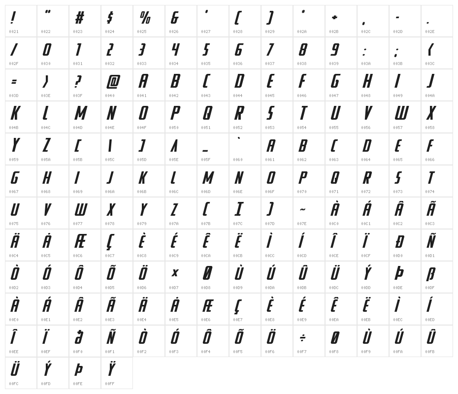 Watchtower Expanded Italic Character Map