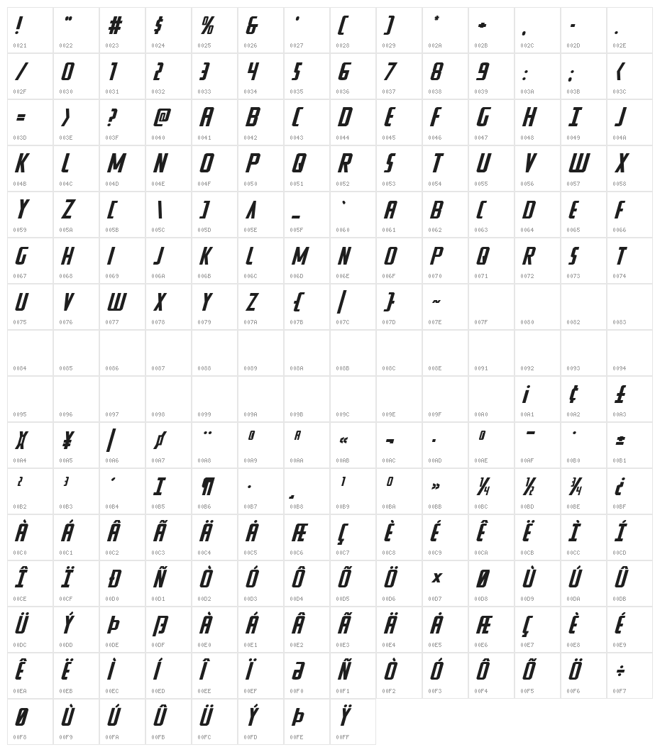 Watchtower Expanded Italic Character Map
