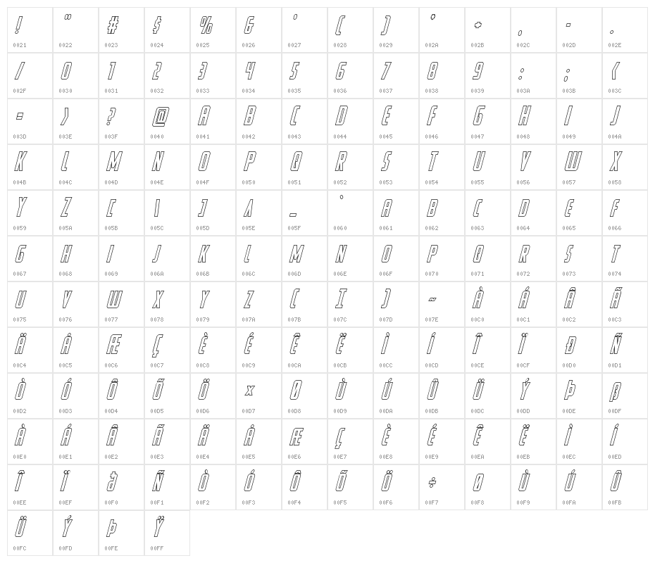 Watchtower Outline Italic Character Map
