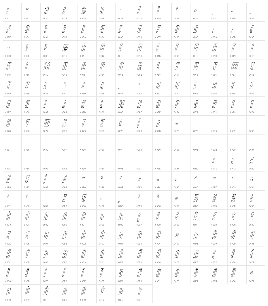 Watchtower Outline Italic Character Map