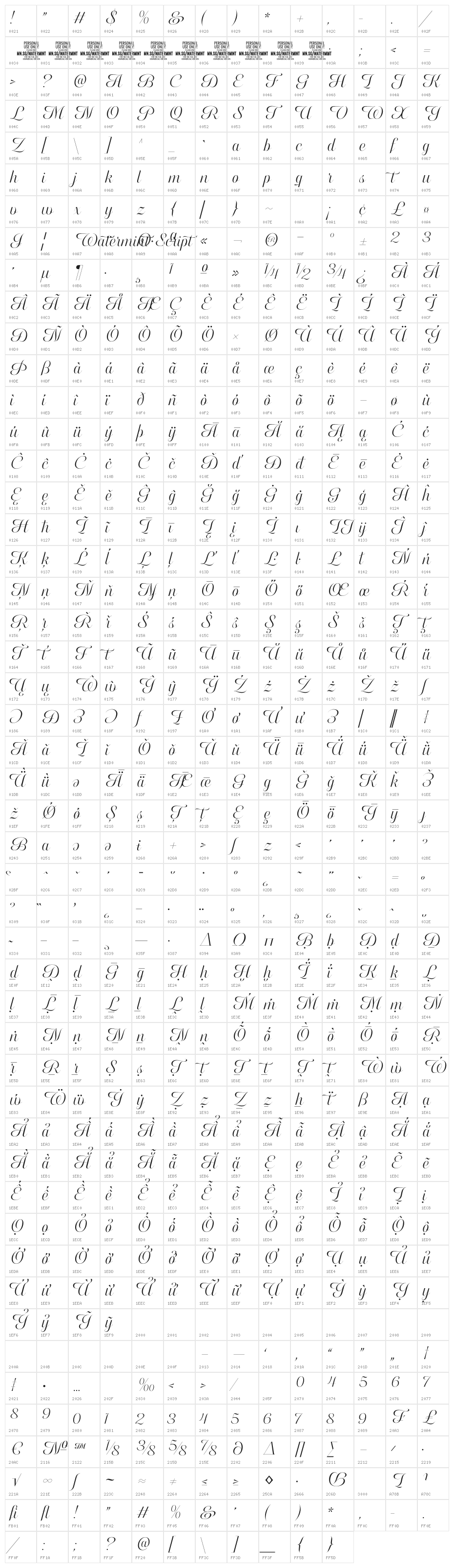 Watermint Script PERSONAL USE Regular Character Map