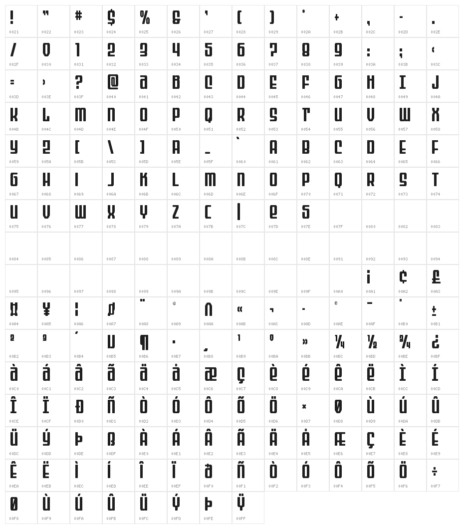 Wave Warrior Condensed Character Map