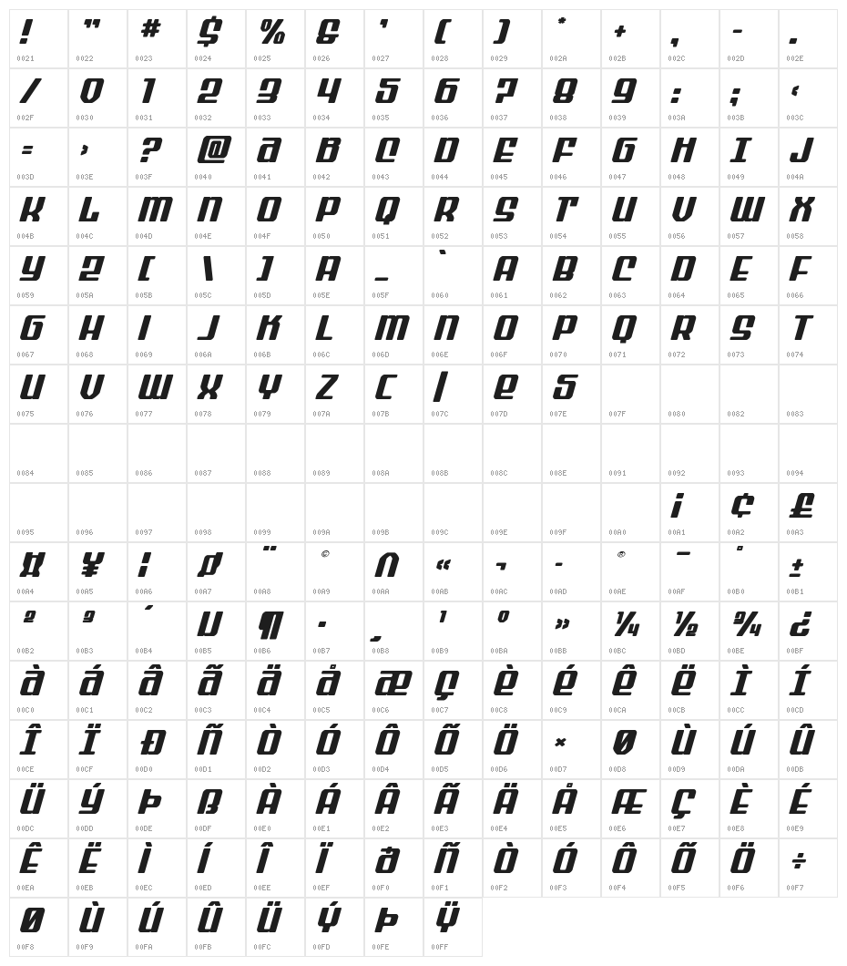 Wave Warrior Expanded Italic Character Map