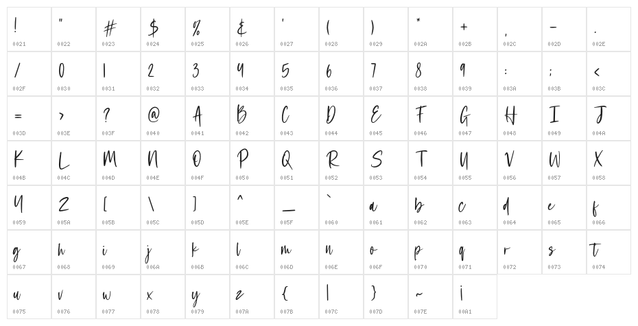 Wednesday Script Character Map