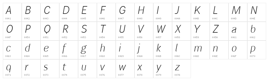 WendelinReduced-LeichtKursiv Character Map