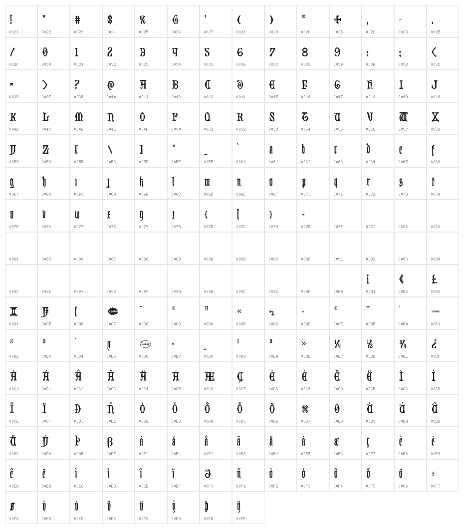 Westdelphia Condensed Character Map