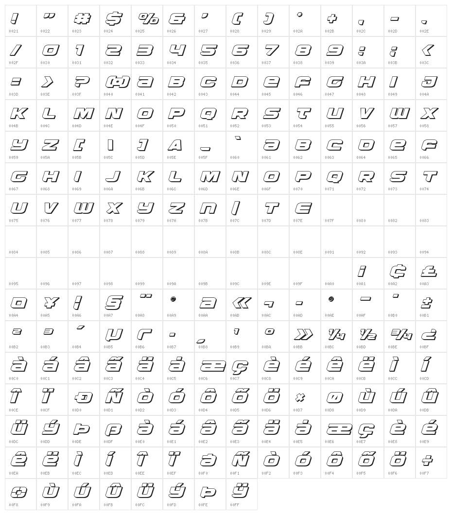 Whiskey Girls 3D Italic Character Map