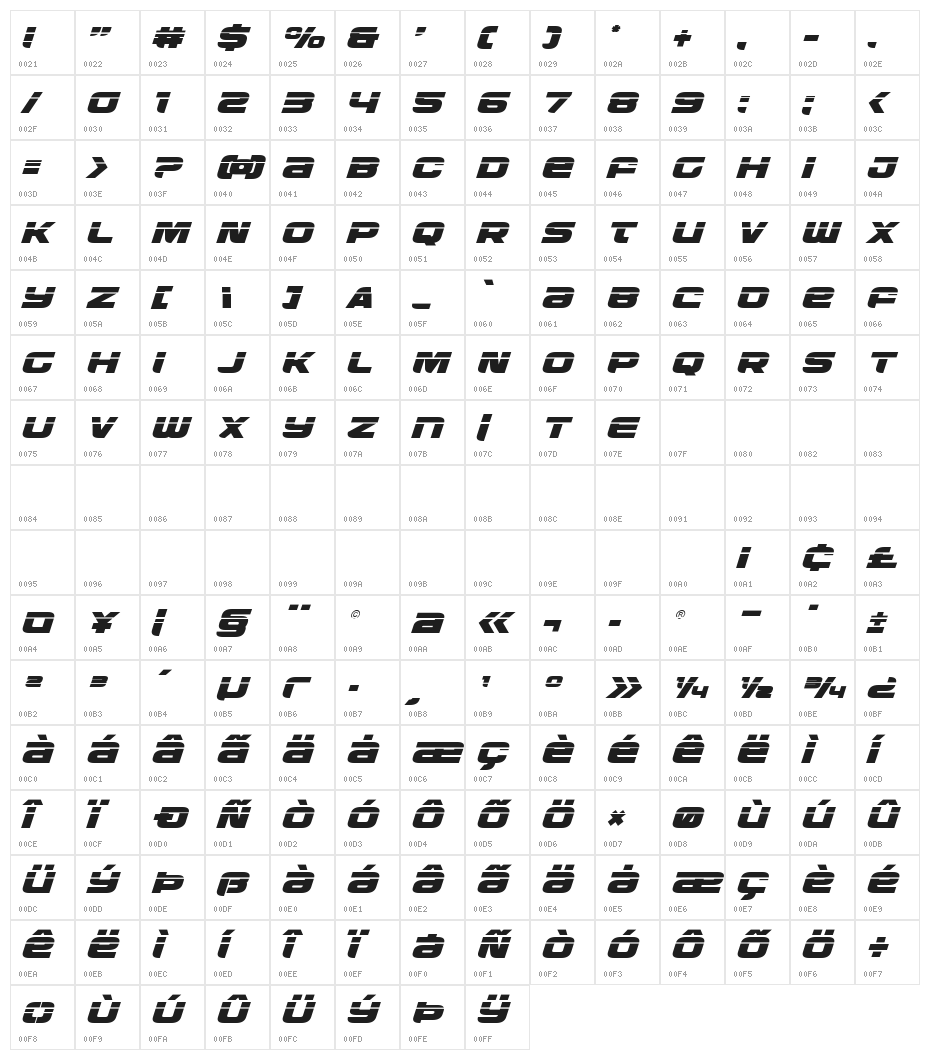 Whiskey Girls Laser Italic Character Map