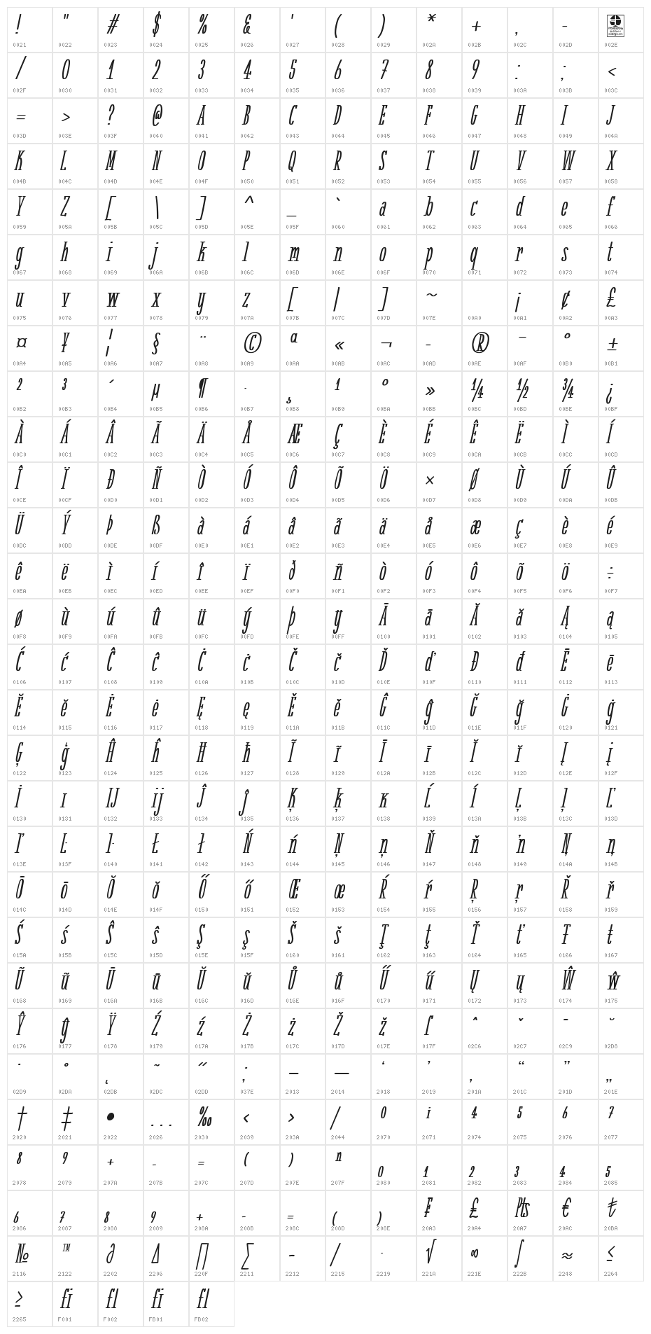 White Festive Bold Italic Demo Character Map