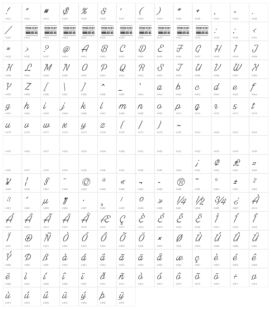 White Larch PERSONAL USE ONLY Character Map