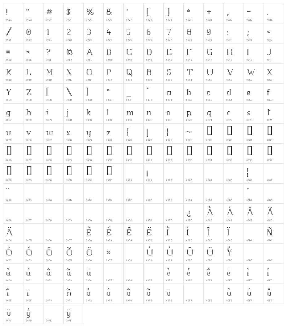 White Line Fever Light 1.00 Character Map