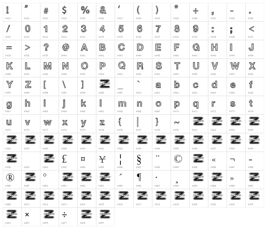 White Outlines Character Map