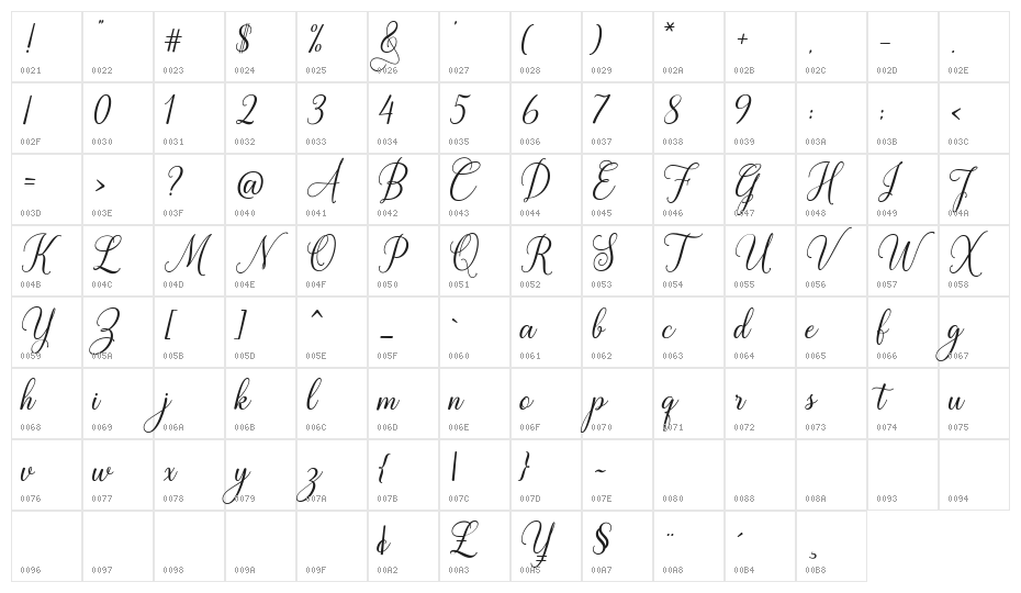 WhiteCrystalScript Character Map