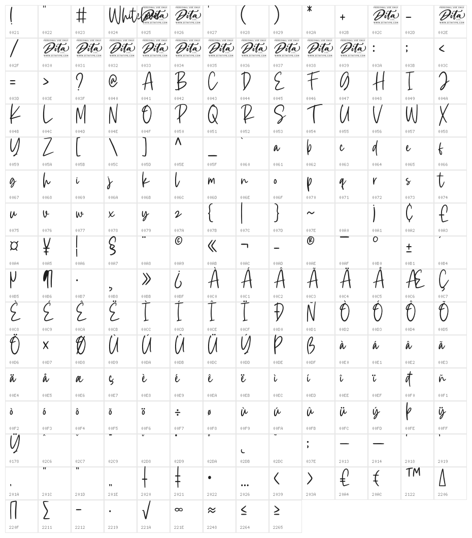 Whitelove Personal Use Character Map