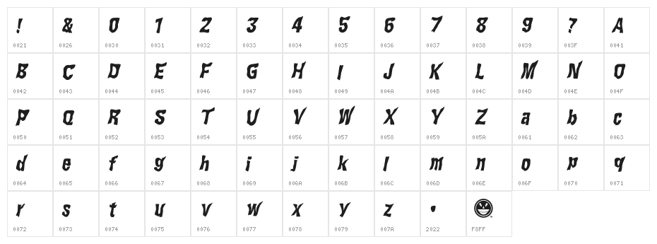 WILD2GhixmNC-BoldItalic Character Map
