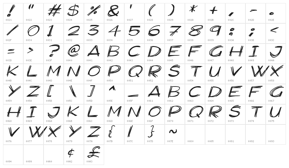 Widescratch Italic Character Map