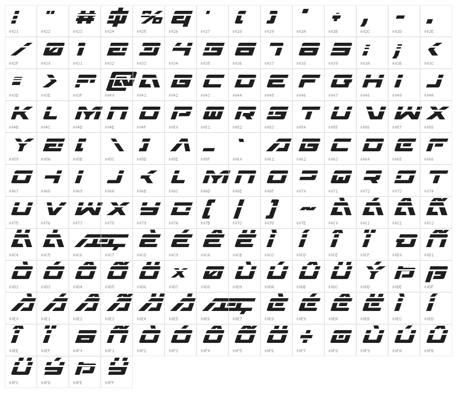 Wildcard Laser Italic Character Map