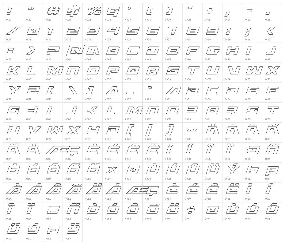Wildcard Outline Italic Character Map