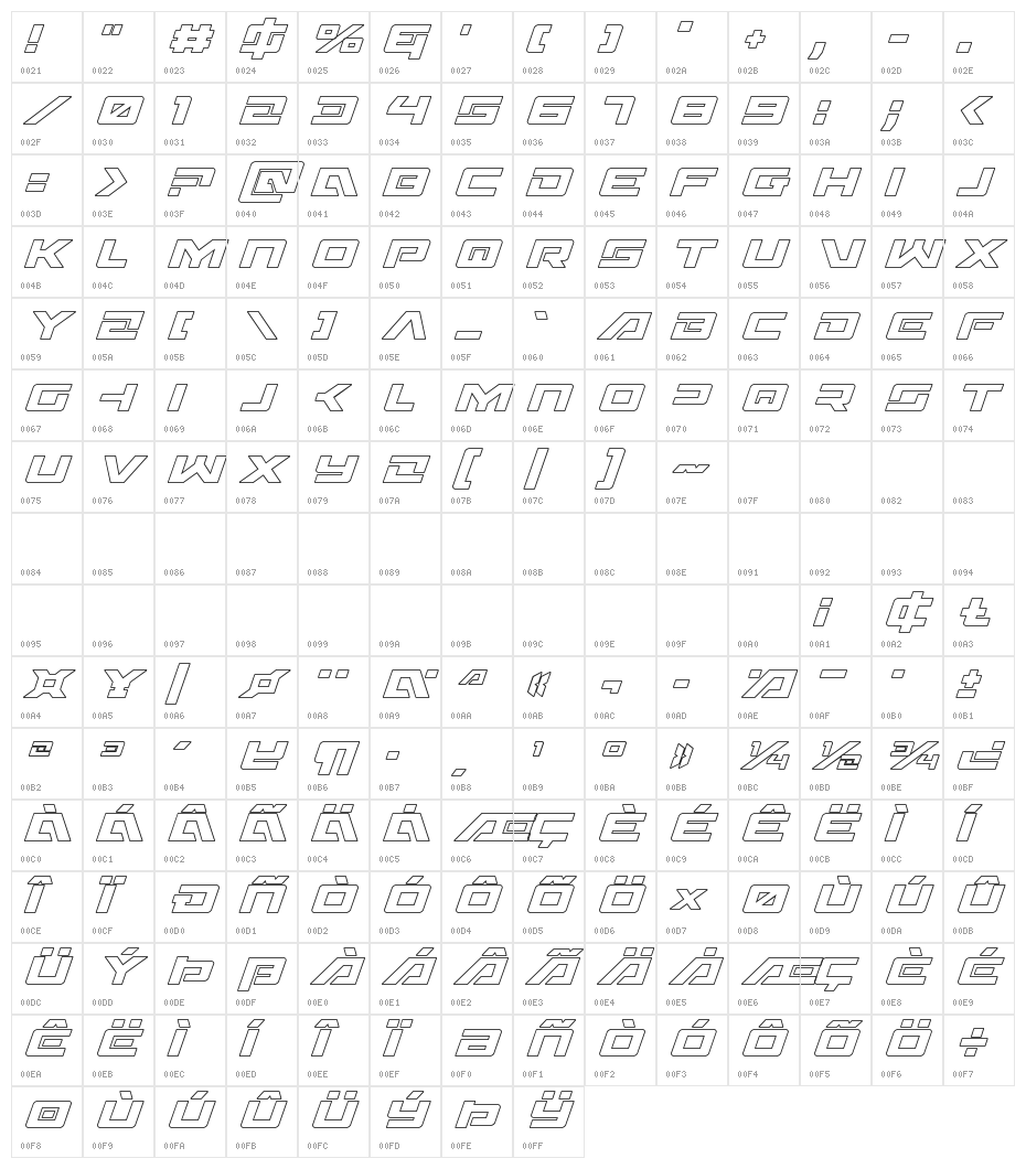 Wildcard Outline Italic Character Map