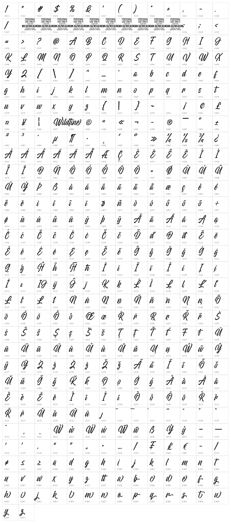 Wildline PERSONAL USE ONLY Regular Character Map